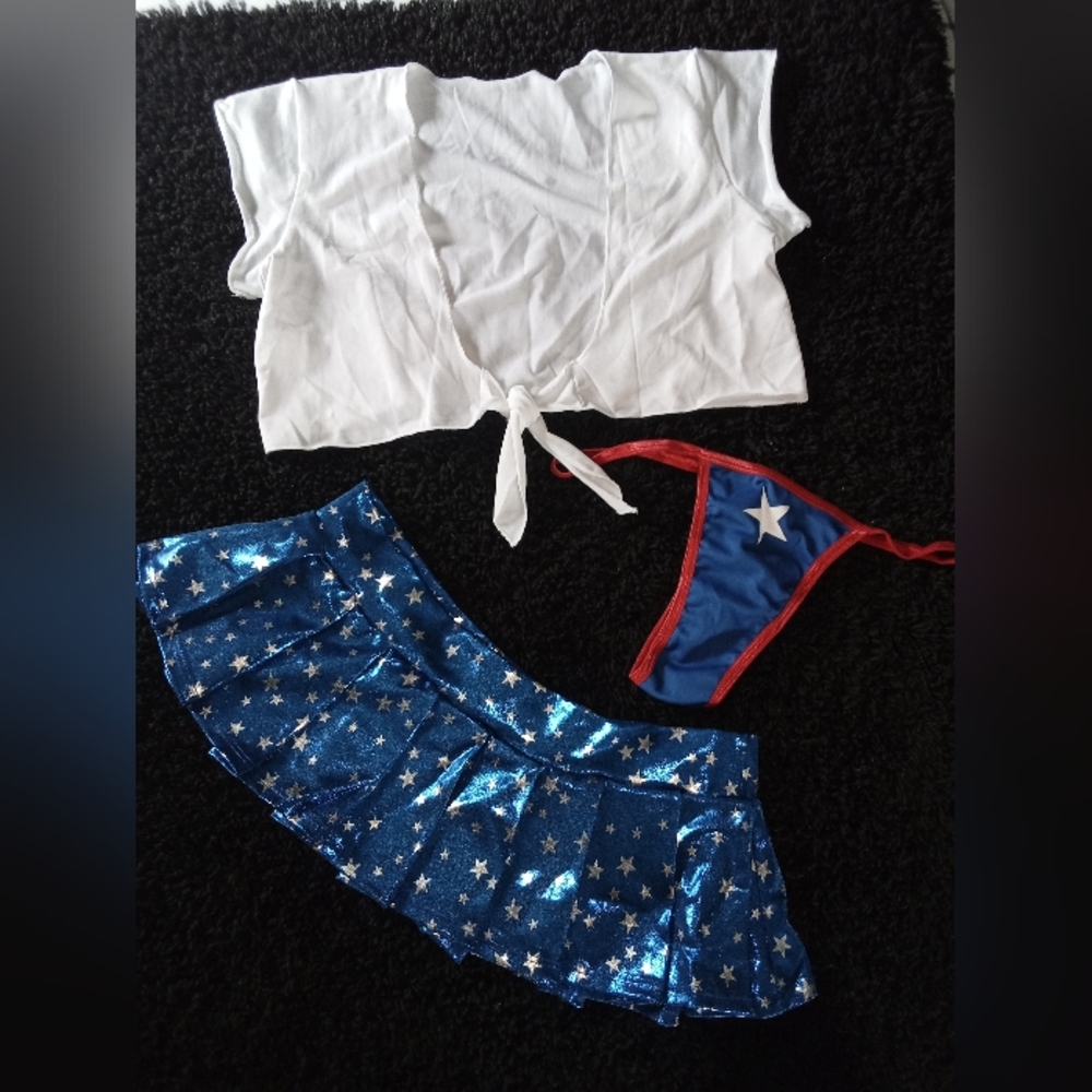Women's Blue and White Star Print Lingerie Costume Set, With Hat